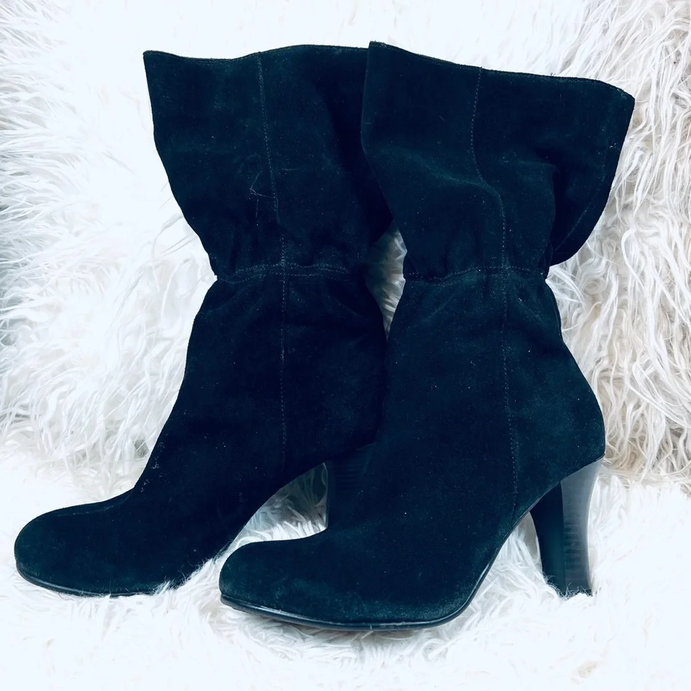VINTAGE Rocker CHIC sz 7M Black Suede Leather Gathered High Heeled Boots